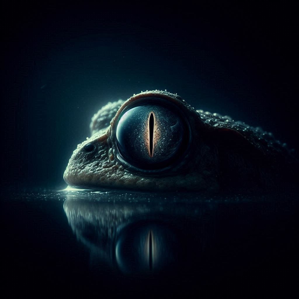 An image of a large toad's eye in the dark, possibly with a faint internal glow, as if it were a look of memory