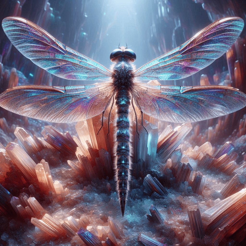 A hyper-detailed dragonfly resting on crystalline rock, wings iridescent and semi-transparent, under alien light.