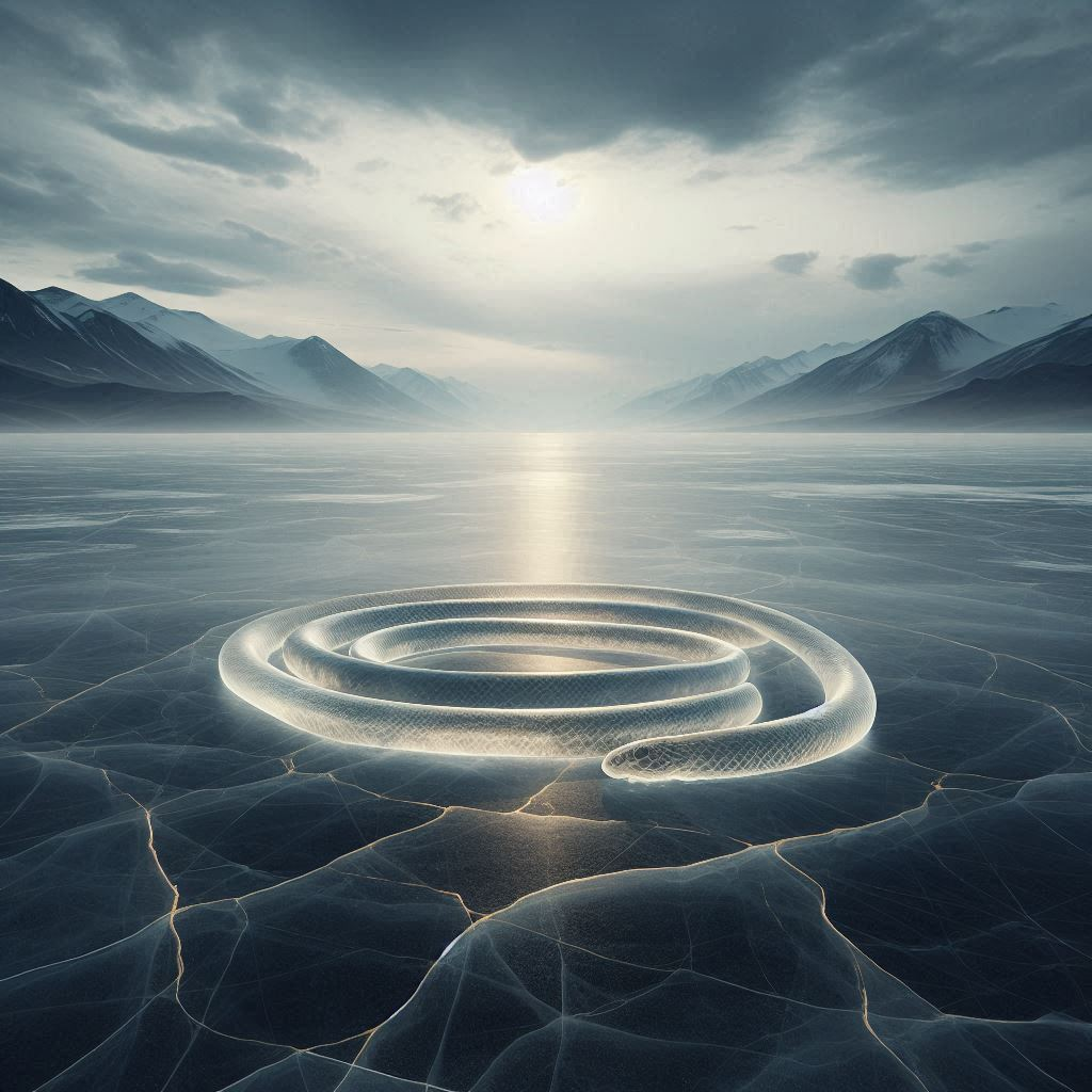 A translucent, golden silhouette of a coiled snake lies motionless on the surface of a frozen river, covered in cracks and golden veins, under a winter sky. Symbolizing frozen memory. Colors: shades of blue, gray, and gold.