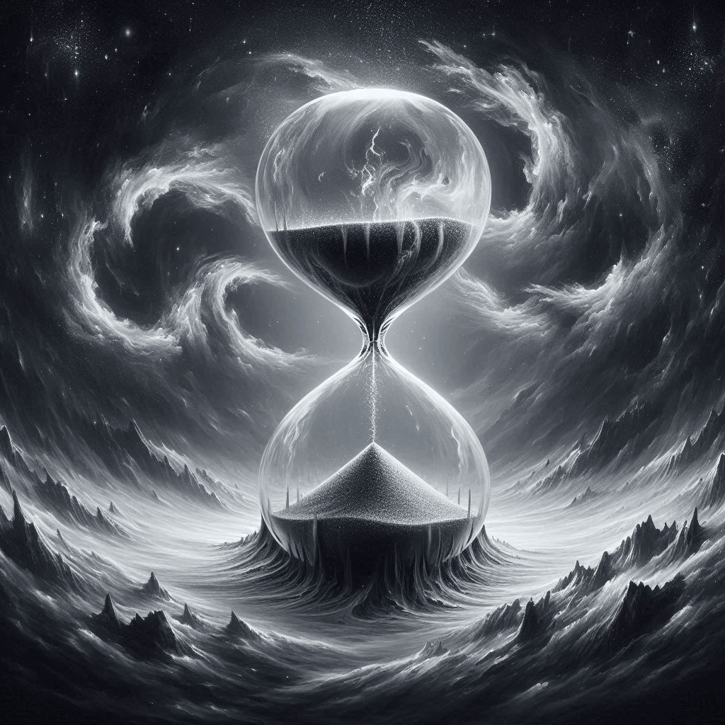 An image of a huge hourglass in a surreal space. The lower bowl is frozen into the permafrost, while the upper one rests against a phantasmagorical sky with nebulae and stars. The boundary between heaven and earth is blurred, as if the icy surface smoothly transitions into the sky, as if the entire space were the interior of a tunnel or a circular hole. Colors: shades of gray Space symbolizes the material level The hourglass represents the inner level, a hint that movement will resume when the time is right And the invisible observer, Custodrix, represents the conscious level