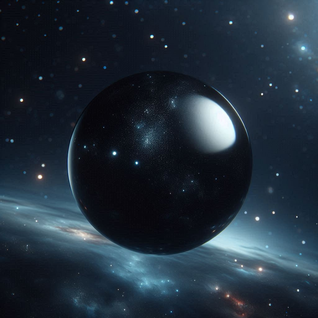 An image of a completely black sphere in a surreal space, with stars reflected in its mirrored surface. Symbolizing a closed structure in a cold vacuum.