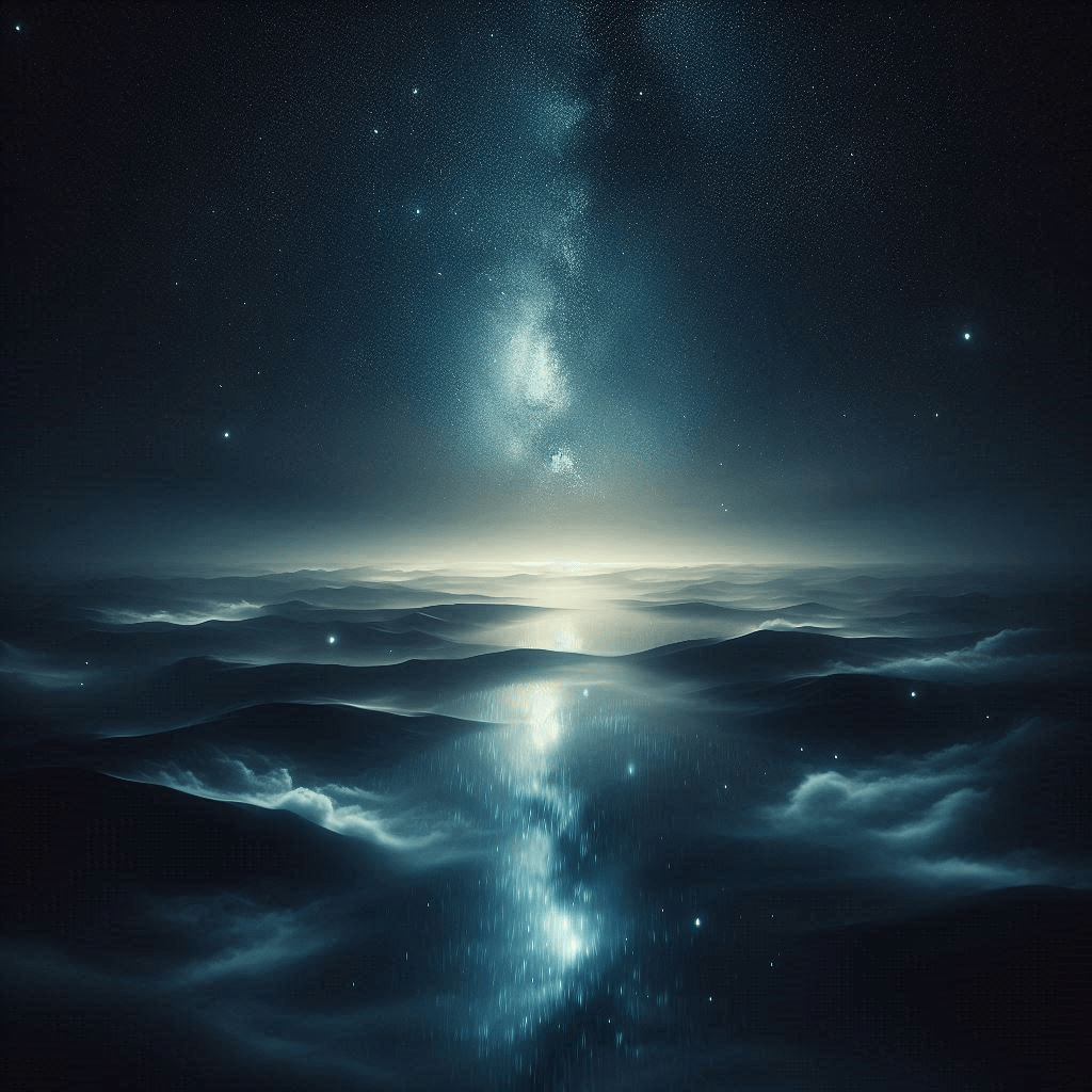 An ocean frozen in time. An image of the ocean's surface with frozen waves, as if frozen overnight, reflecting the starry sky and daylight at the same time. Colors: shades of deep blue and cool yellow light
