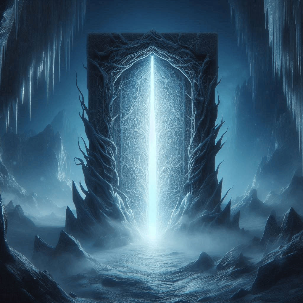 A locked, ancient door, bearing traces of the plants that once intertwined it. Now covered in ice with cracked patterns, it stands in the middle of a frozen stream. Light pulses through the cracks in the door. The entire space around is frozen and icy. Colors: shades of blue