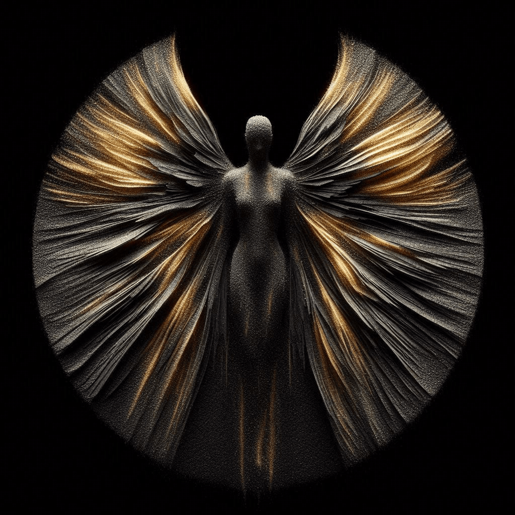 The scene of Custodrix emerging from the silence. A dark silhouette of burnt sand with golden veins and wing-like plates protruding from the circle through the thin dust of silence.