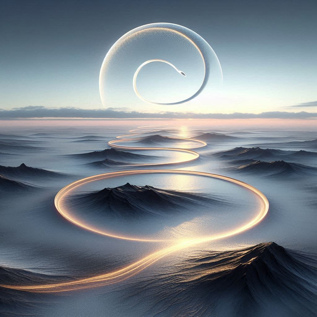 An image of a vast icy desert with black, rocky areas covered in cracks. A golden glow of energy is visible on the surface, like a snake's trail, the remnants of Custodrix's energy. In the winter sky above the desert, on the horizon, the translucent silhouette of a coiling snake is visible. A barely noticeable, transparent halo emanates from the snake, like the resonance of a long-silenced song.