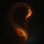 The tail and stinger of the plasma scorpion-dragon curling like a living current. Sparks and filaments of light trace the motion, forming a subtle vertical spiral. The tail pierces the border between shadow and faint blue radiance