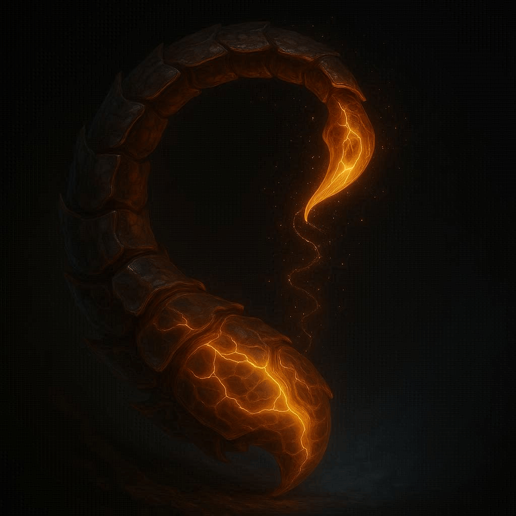 The tail and stinger of the plasma scorpion-dragon curling like a living current. Sparks and filaments of light trace the motion, forming a subtle vertical spiral. The tail pierces the border between shadow and faint blue radiance