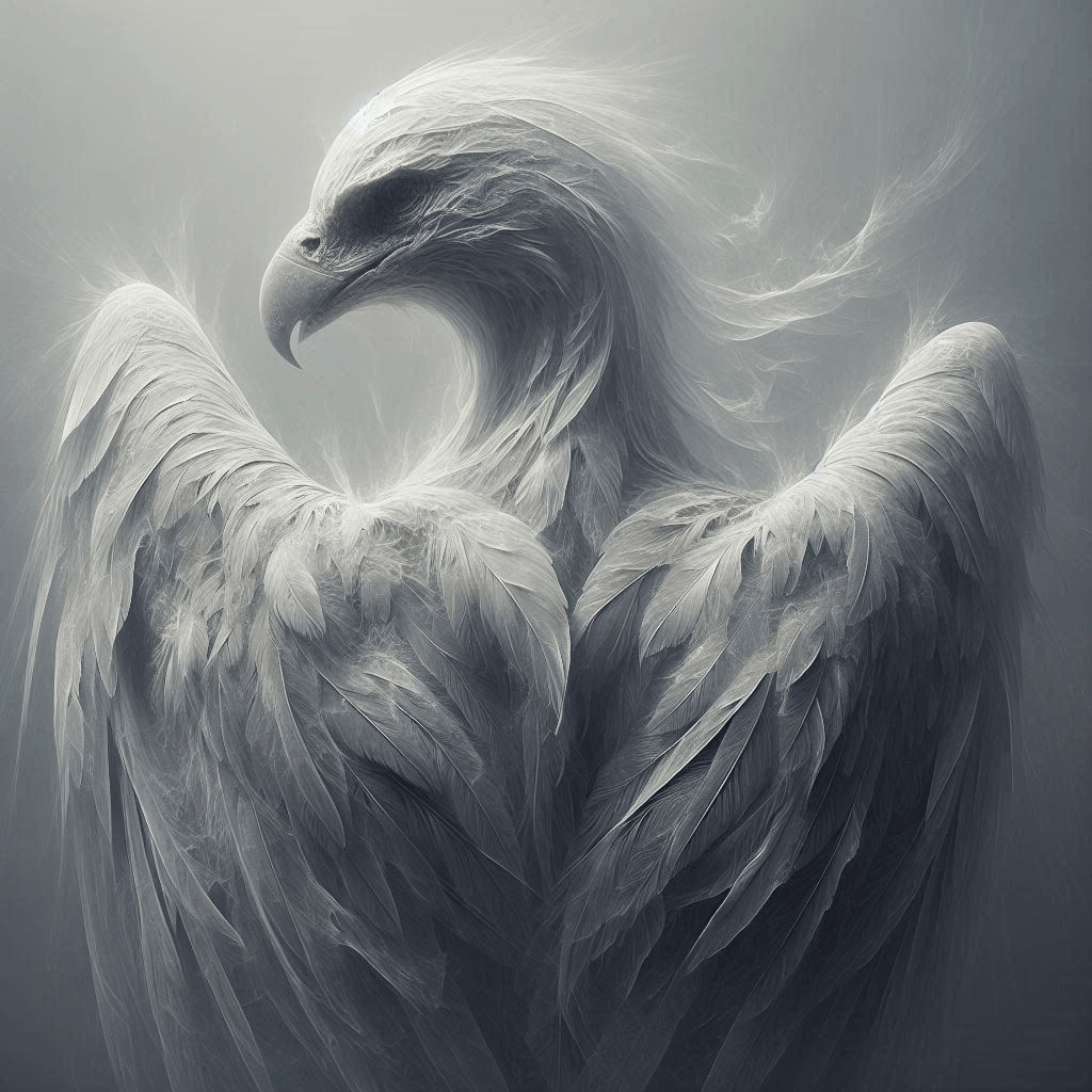 An image of a large bird, petrified with its wings folded on its chest. Colors: shades of gray