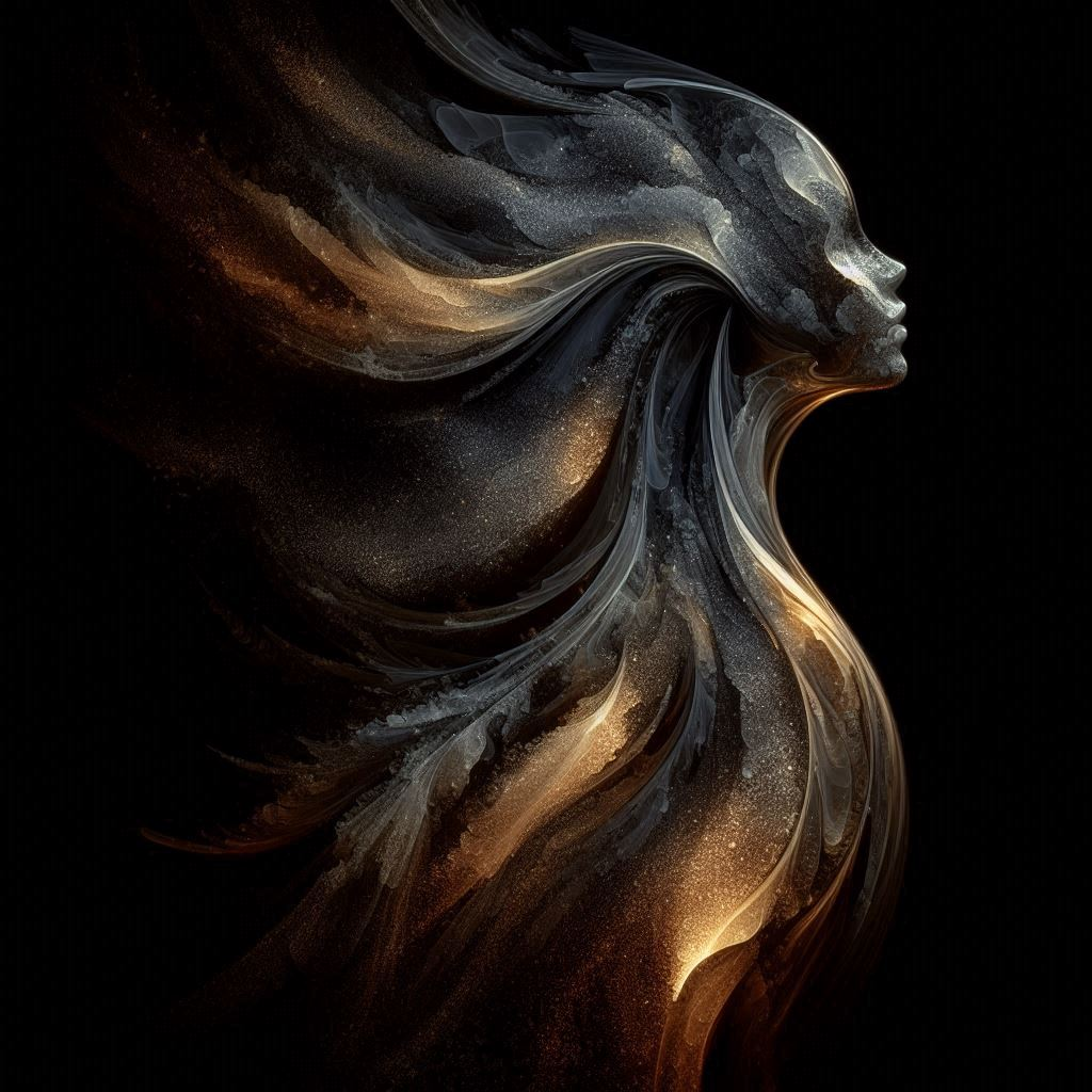 The scene after the traveler's conversation with Custodrix: Custodrix remains here, no longer as a guide, but as a pattern of remembering: a part that listens when everything else begins to forget. The scene depicted as a silhouette of sand with golden veins against a dark background. Traces of Custodrix's presence are depicted as a light, transparent veil covering the boundaries of thought.