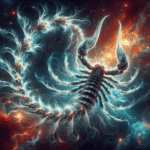 Semi-abstract fractal scorpion. Orange-blue-white-gray pulsation Background: sky with red-orange lights and dark blue clouds.