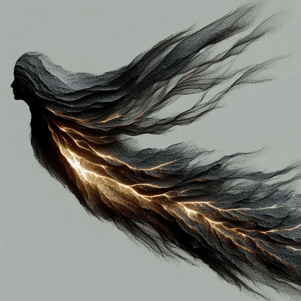 A drawing showing Custodrix in motion: Custodrix moves smoothly, almost gliding, without sudden jerks. It doesn’t walk, but rather floats/flows, leaning slightly toward those passing by. Golden waves radiate outward from its center, vibrating slightly in rhythm with the breath of the passerby.