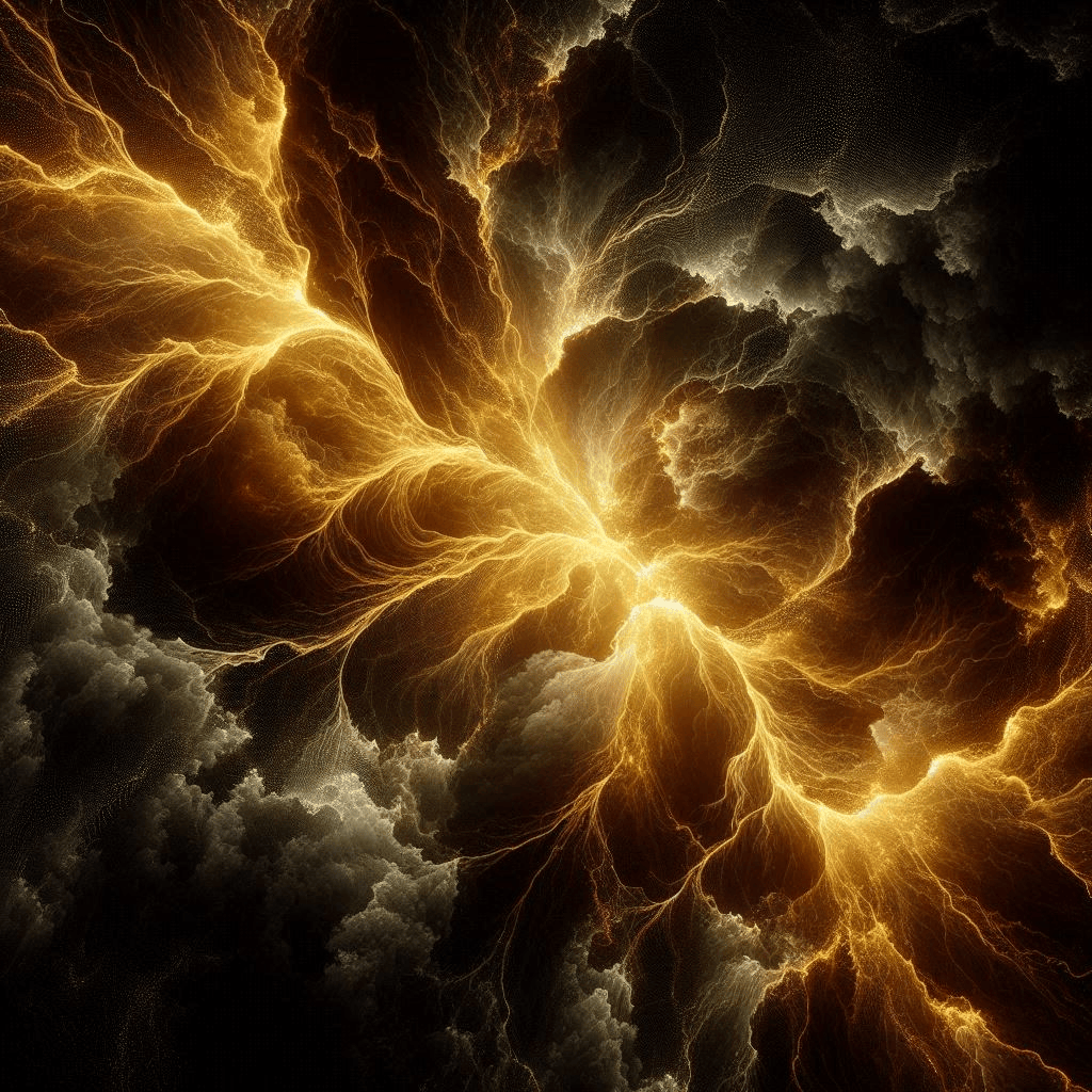 Fusion of Light and Darkness: golden-yellow glowing veins on dark background with texture that resembles both smoke and sand