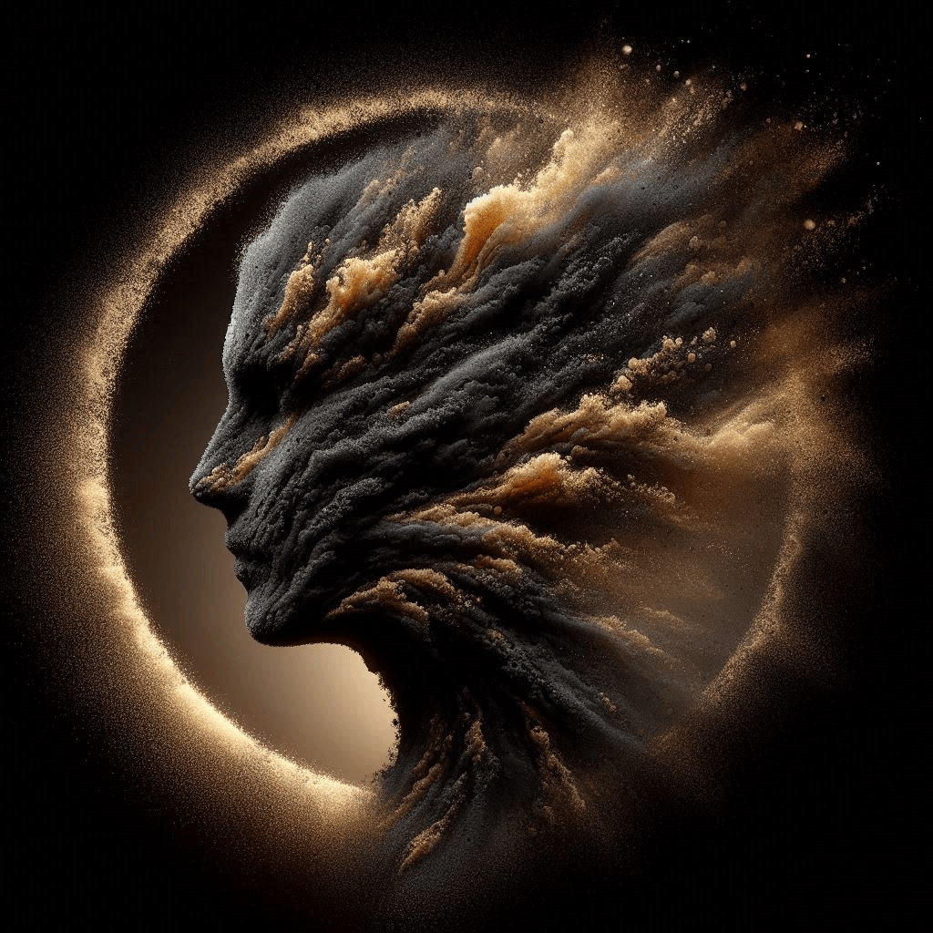 Custodrix' face is a dark, golden-veined mask surrounded by a soft, golden glow. The texture is somewhere between sand and tentacles.