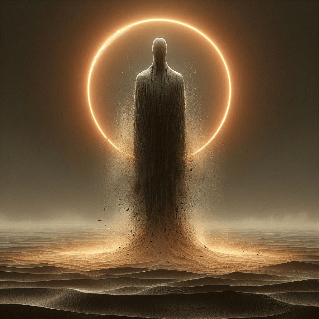 The figure of Custodrix, depicted as an elongated silhouette emerging from scorched sand and smoke, symbolizing charred or frozen layers of memory where normal strength and attention fail. The texture is more like stone, slightly charred sand, with a soft glow around the edges. Behind Custodrix is ​​a golden halo, symbolizing the point of contact with the shadow.