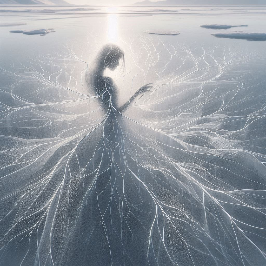 A figure in a frozen stream, frozen in unfinished motion, as if in amber. Its pulse transforms into a pattern of cracks radiating in all directions. The space is illuminated by a cold light. Colors: shades of gray and blue.