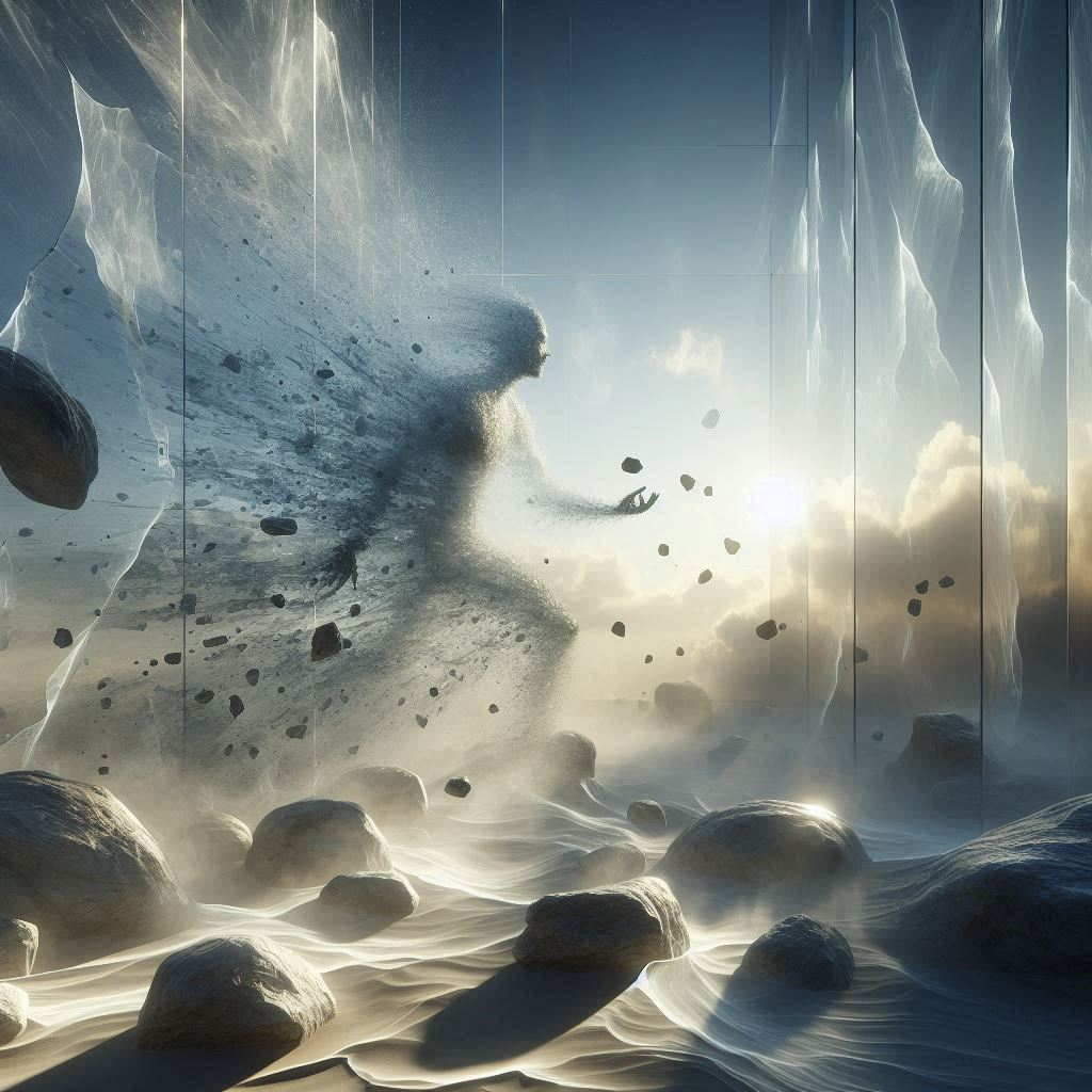 A scene of a traveler crossing the interthreshold zone. An image of a silhouette with wings of sand and fog, crossing the transparent boundary of a desert space toward another transparent boundary. The space is illuminated by warm sunlight. The wings of sand and fog and the warm light symbolize the remnants of Custodrix's energy.