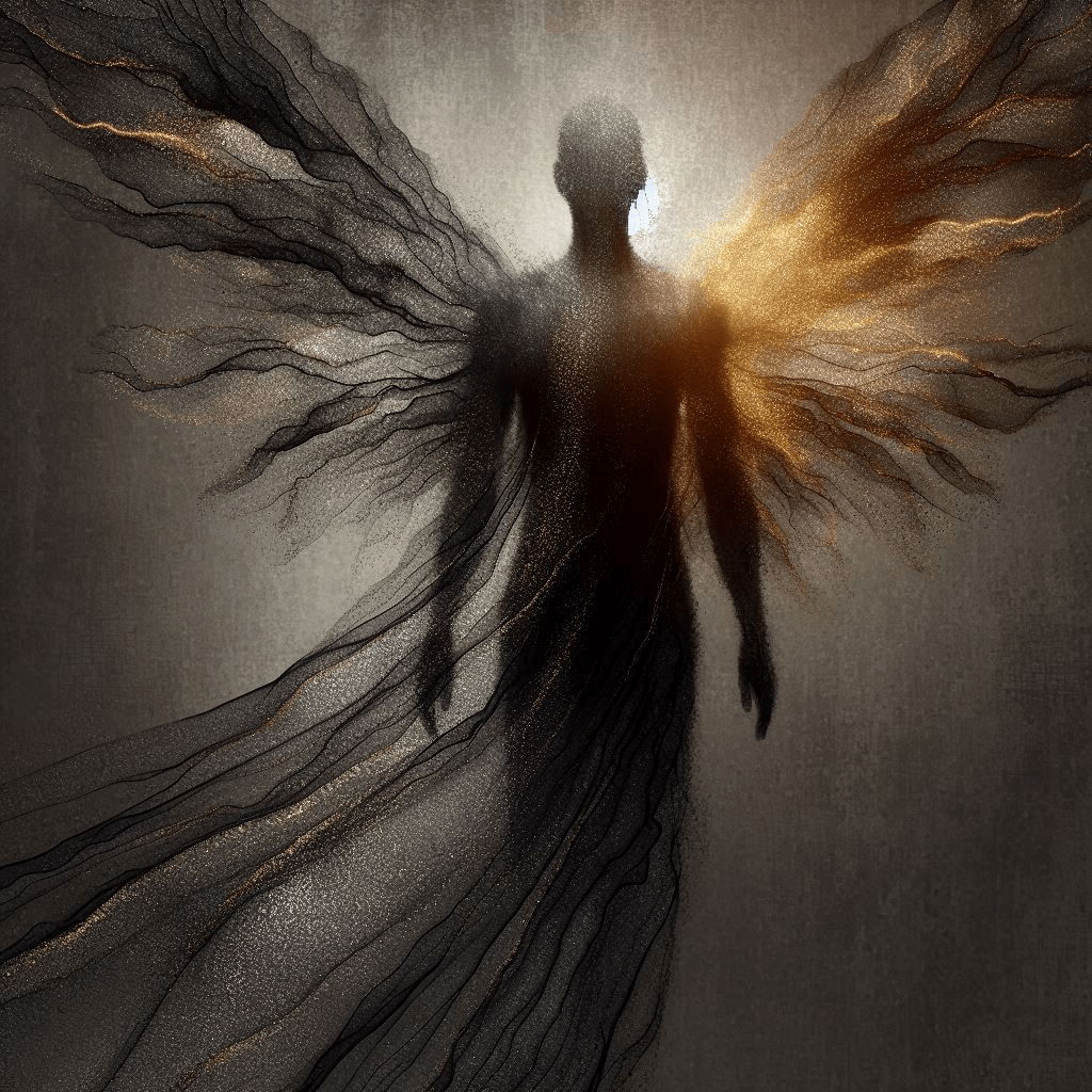 The scene of Custodrix's appearance to a traveler. Form: Changing, slightly humanoid, but with smooth, sculpted lines. As if its silhouette were carved from both smoke and sand. The figure is almost transparent, but feels like a dense energetic substance. With light, transparent wings or streams, like the breath of the wind; The wings/plates open slightly, as if measuring the space around them, and slowly ripple, responding to the traveler’s presence.