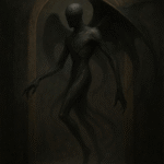 A mystical threshold guide, humanoid but slightly elongated and fluid in form, with long flowing limbs. The face is a dark mask, textured like writhing tendrils, expressionless yet focused. Shadowy wings or plates extend subtly, activating when assisting, folding when idle. The body is dark with faint golden or amber veins, texture like charred sand with a soft glow along the edges. The figure hovers, almost flowing rather than walking, emitting a barely visible ripple of ene