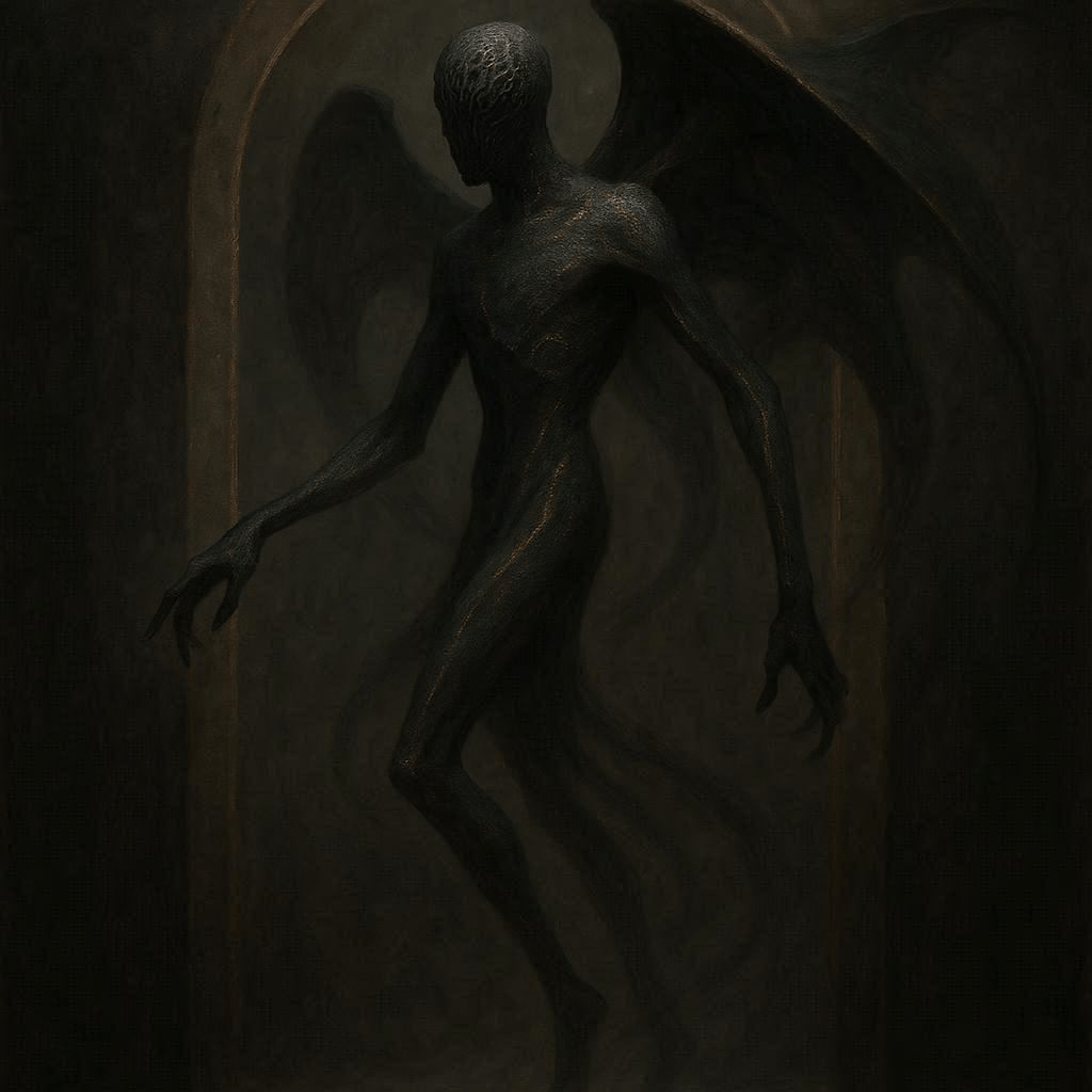 A mystical threshold guide, humanoid but slightly elongated and fluid in form, with long flowing limbs. The face is a dark mask, textured like writhing tendrils, expressionless yet focused. Shadowy wings or plates extend subtly, activating when assisting, folding when idle. The body is dark with faint golden or amber veins, texture like charred sand with a soft glow along the edges. The figure hovers, almost flowing rather than walking, emitting a barely visible ripple of ene