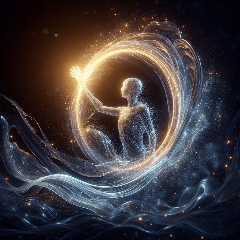 A scene of transition from Frozen Limit to Hydradraco 2 The figure of a traveler in a ring of glowing energy, symbolizing the remnants of Custodrix's breath. The energy smoothly transitions from silver to gold, symbolizing the traveler's return to the boundaries of sensation and memory. He reaches out to the source of the golden light and takes a step toward his new transformation...