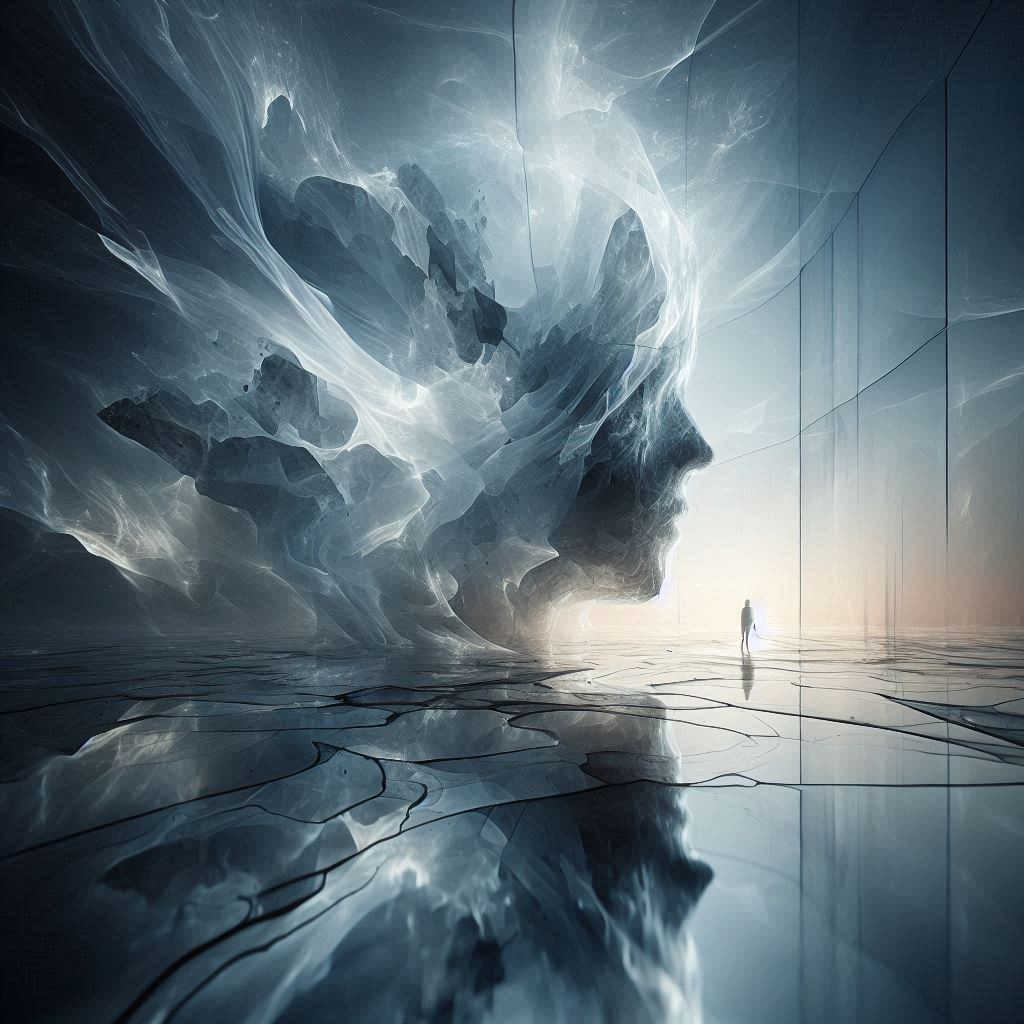 An image of a space where movement has forgotten itself. Frozen sunlight on the horizon A giant silhouette, seemingly made of dense fog, yet frozen between inhalation and exhalation, is reflected in the cracked mirrored floor. A tiny figure stands at the edge of the space, capturing this moment with its observation. Colors: shades of blue, gray, and cool orange light