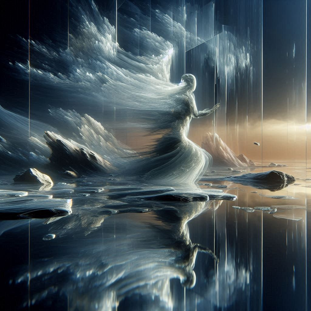 A scene of a traveler crossing a frozen boundary. A figure with blurred outlines, as if simultaneously blurring and freezing in mid-motion, moves toward the transparent boundary of a fantastical space. A mirrored floor interspersed with stones reflects the traveler's silhouette. The outlines of objects are blurred. The space itself is dimly lit, but a golden light is visible in the direction of the traveler's gaze.