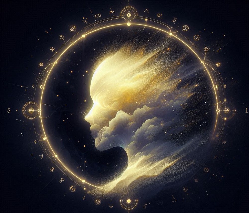 The scene where the traveler and Custodrix share a stream: you see your own outline curve, filling with golden dust and shadow veins. Represented as an image of a face, composed of sand and mist, illuminated by golden light, against a dark background.