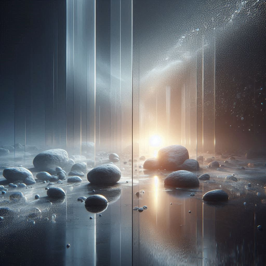 An image of a space where distinctions are erased. The endless, frozen, mirror-like surface of water with rocks on it. Sunlight and the night sky simultaneously. An atmosphere of complete stillness, as if everything is frozen between day and night. Colors: shades of blue, gray, and cool orange.