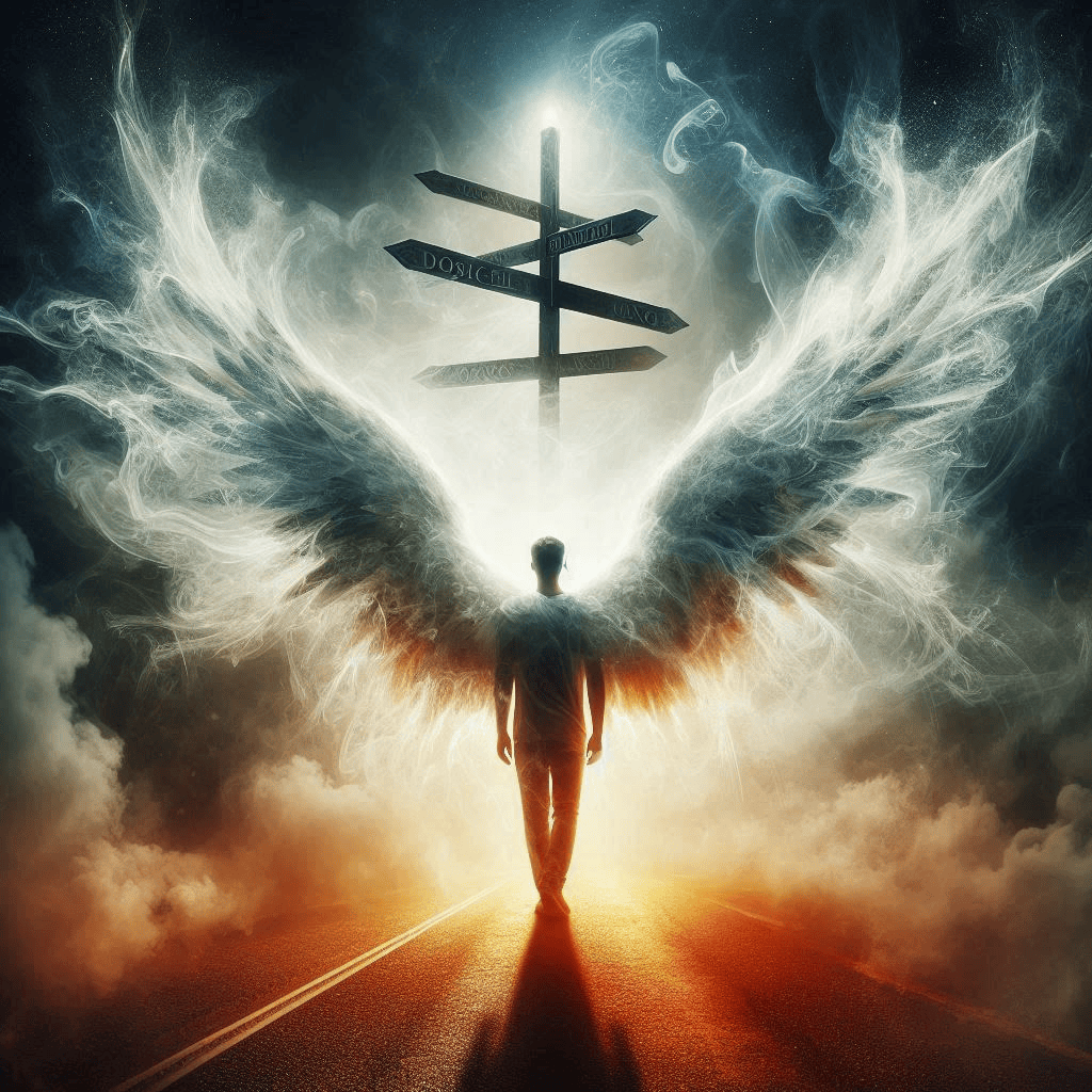 The traveler stands before a threshold, represented as a node diverging in different directions. The presence of Custodrix is ​​represented by wings of sand and smoke behind the traveler, as well as a soft golden light that dispels the surrounding darkness and fog and helps the traveler see the right direction.