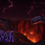 Above, a dark cherry-colored space with glowing cracks forming a network of complex structures. In the middle of it, a large, deep fissure with bright red walls, at the bottom of which are fiery flashes or orange lava. A giant stingray descends into this fissure. The fissure boundary remains above, and so does the dark cherry-colored space. The stingray descends deeper into the fissure toward the fiery flashes, in which large amber crystals are visible, like those at the bottom of the fissure.