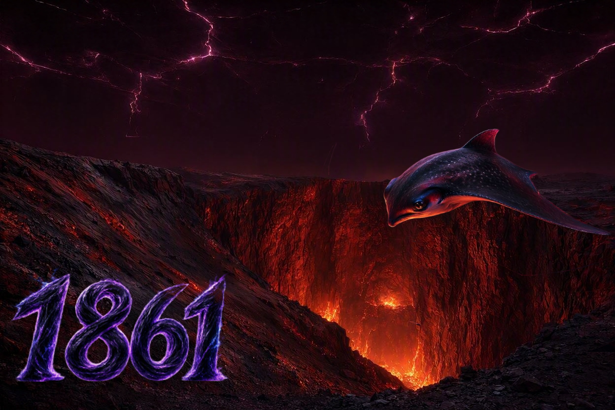 Above, a dark cherry-colored space with glowing cracks forming a network of complex structures. In the middle of it, a large, deep fissure with bright red walls, at the bottom of which are fiery flashes or orange lava. A giant stingray descends into this fissure. The fissure boundary remains above, and so does the dark cherry-colored space. The stingray descends deeper into the fissure toward the fiery flashes, in which large amber crystals are visible, like those at the bottom of the fissure.